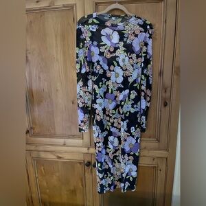 Mesh Floral Long Sleeve Midi Dress Black Purple Flowers